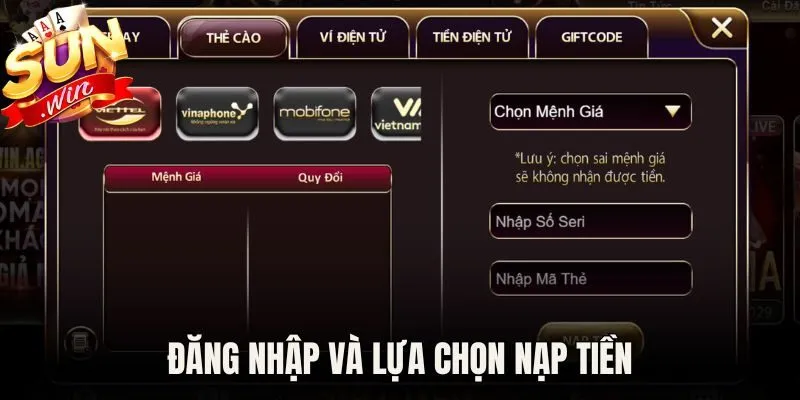 Đăng nhập và lựa chọn nạp tiền